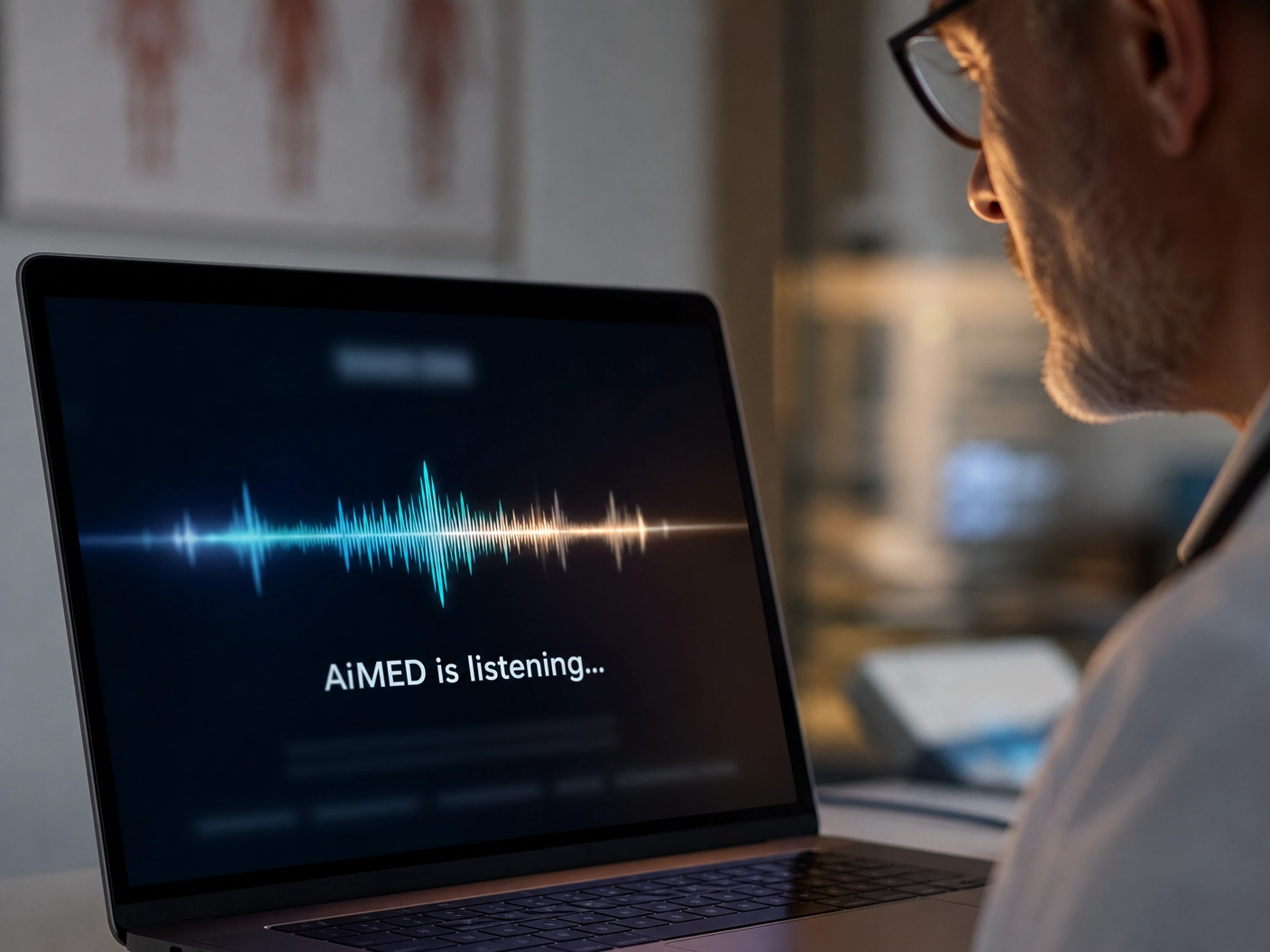 Laptop sa AI scribe interfejsom, waveform i strukturirani output